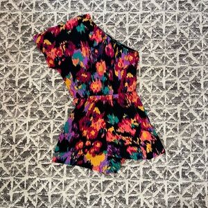 Black and colorful off of the shoulder romper